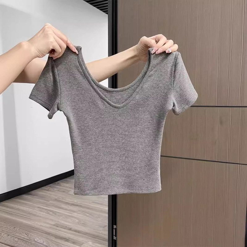 Korean Style Summer Dopamine Color Matching U-Shaped Collar Waistline Slim-Fit Top All-Match Color Matching Sweet Girl Short-Sleeved Elastic T-Shirt Women