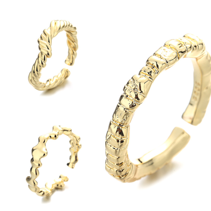 欧美新款ins小众镀18K金麻花扭结戒指个性简约素圈开口手饰不规则