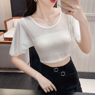 Round Neck Half Bat Sleeve Short Sleeve Blouse Top New Women's Clothing 2025 Fairy Ultra-Thin See-Through Mesh T-Shirt