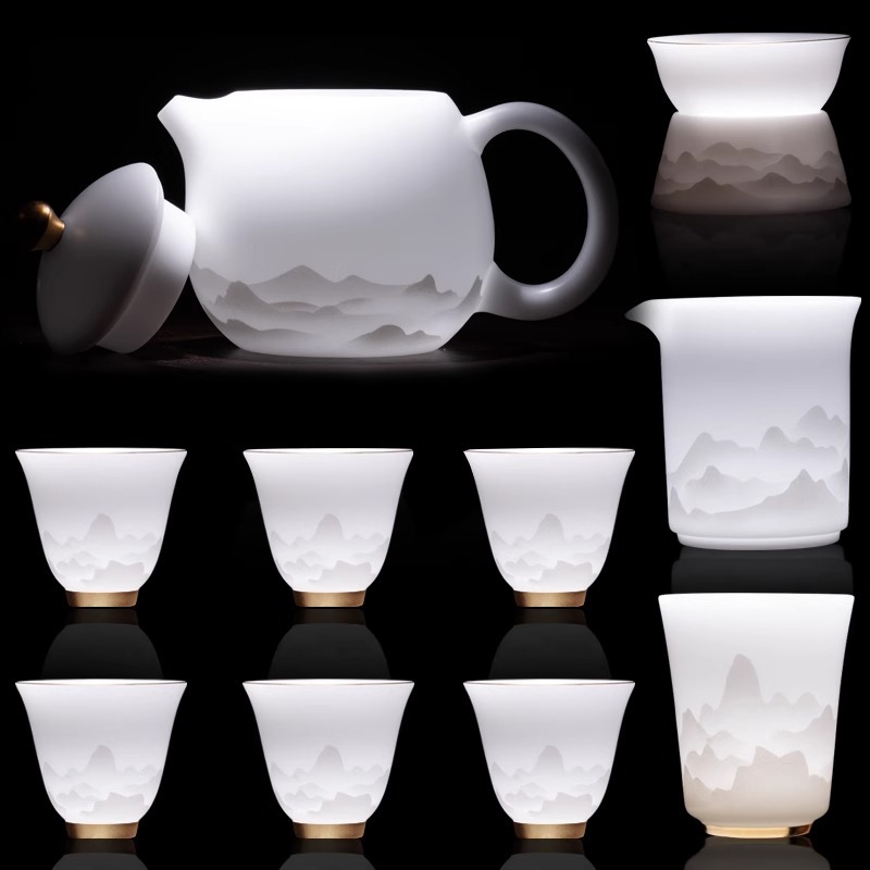 Ice Jade Porcelain Tea Set suit 2024 New Household High-grade Gold-plated Kung Fu Tea Cup Teapot Office Gift Box