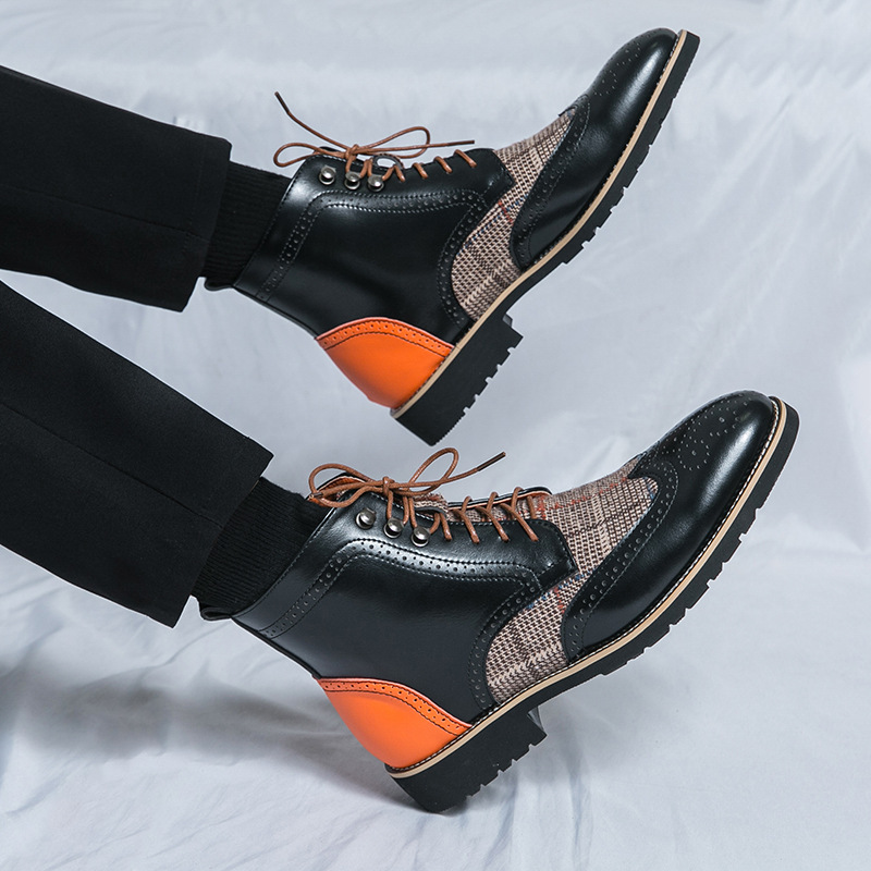 Británico hombre zapatos de cuero de alto bloco botas de negocios casuales de moda retro punta alta botas Martin