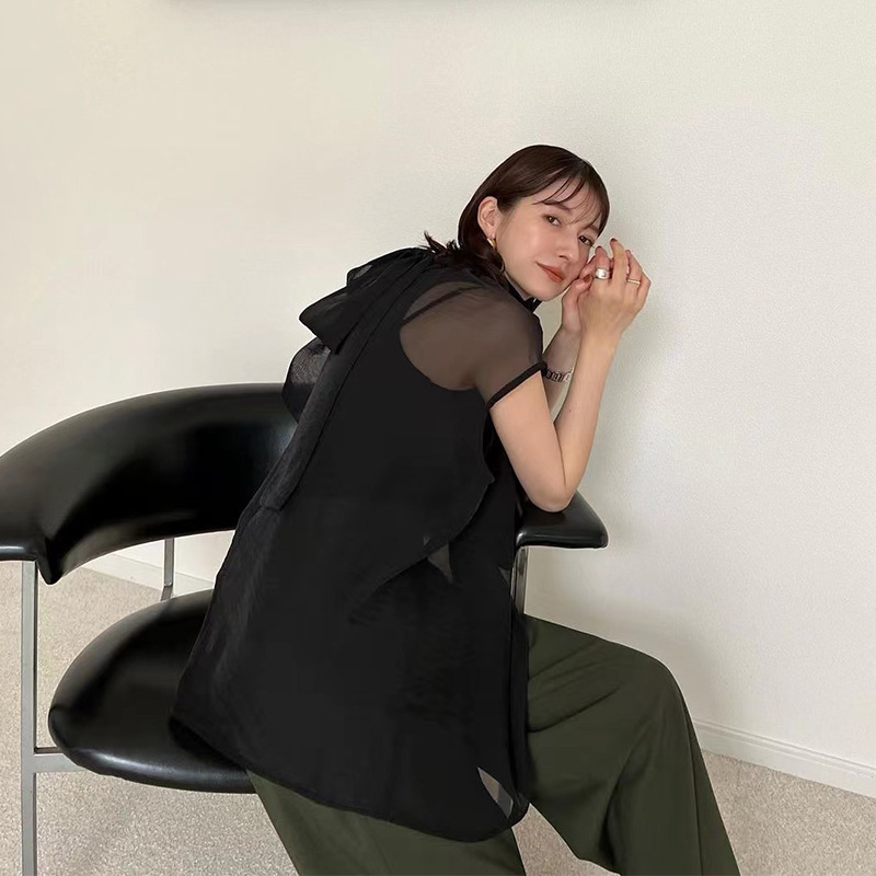 New CLANE Matsumoto Huinai Shirt Japanese Half-high Collar T-shirt Women's Bow Lace-up Perspective Sleeveless Top for Women