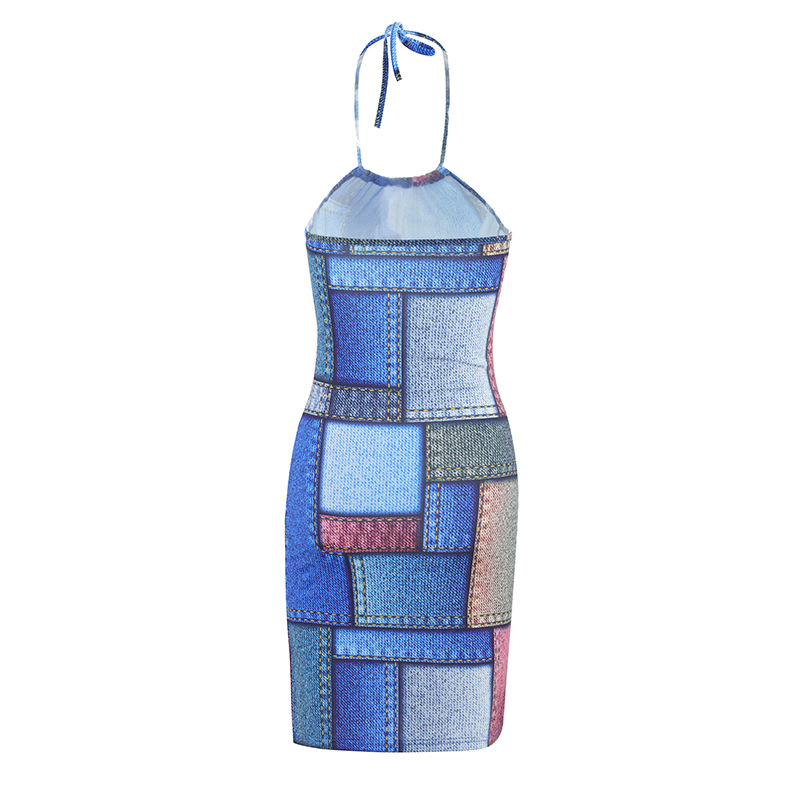 Women Clothing Sexy Slim Fit Hip Dress Imitation Denim Printing Slip Dress
