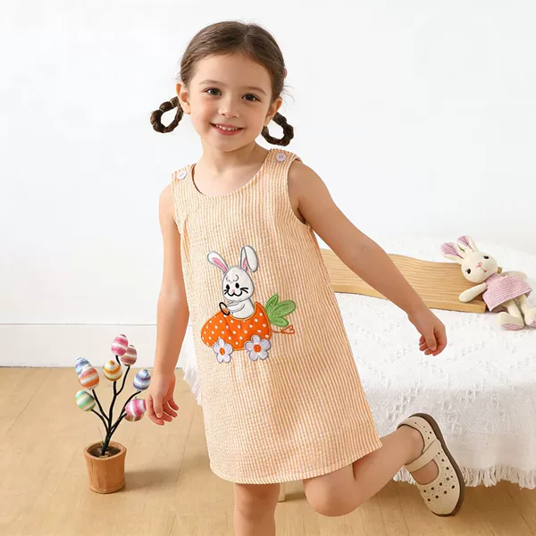 Girls' Sleeveless Vest Dress, Summer Baby Cute Bunny Embroidered A-Line Dress, Striped Sweet Princess Dress