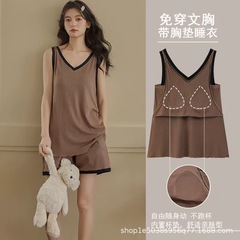 パジャマ女性夏タイプ夏ねじ袖なしベストパンツ大サイズ家庭服セットは胸パッドを着ることができる