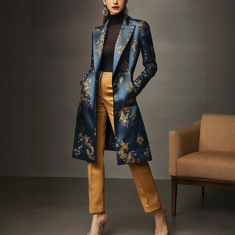 European and American Cross-Border Autumn and Winter Women's Fashion Casual Elegant Fashion Navy Blue Floral Satin Printed Windbreaker Jacket European and American Cross-Border Autumn and Winter Women's Fashion Casual Elegant Fashion Navy Blue Floral Satin Printed Windbreaker Jacket