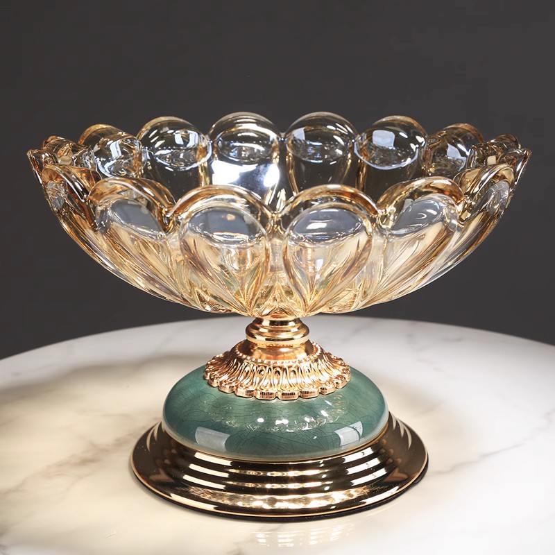 Plato de caramelo de vidrio de cristal para el hogar de la sala de estar Plato de vidrio de cristal de lujo ligero Plato de fruta de alta gama pastoral de estilo europeo de estilo chino
