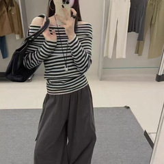 设计感一字肩条纹针织衫女2025秋季新款气质露肩显瘦打底长袖上衣