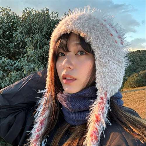 Autumn and Winter Striped Patchwork Wool Hat for Women, Fleece-Lined, Thickened, Warm, Ear-Protecting, Large-Circumference Lei Feng Knitted Beanie