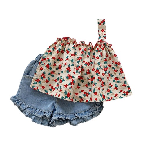 Ladycamisole set with floral pattern trendy camisole + denim shorts two-piece set for young children summer attire with straps