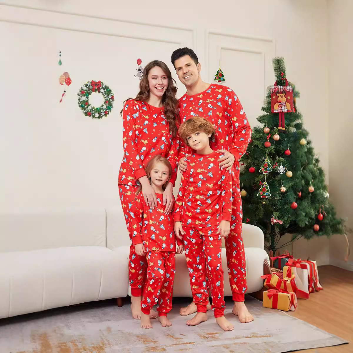 Christmas Snowman Snowflake Fawn Christmas family dress printed homestays pajamas_voghion.com