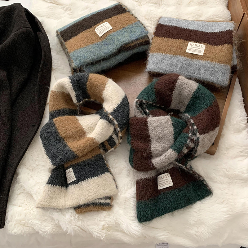 Bufandas otoño y invierno nuevo estilo coreano de estilo universitario de color de contraste lana a rayas de punto bufandas calientes multicapa