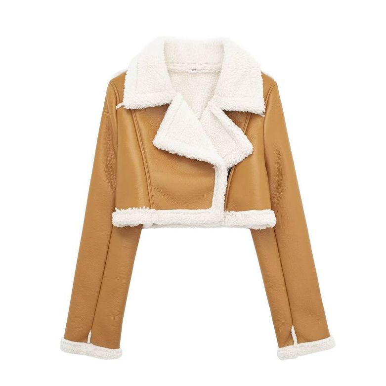 Vêtements pour femmes Automne et hiver veste de moto à revers double face pour femmes à la mode taille haute slim court haut à glissière de couleur contrastée_voghion.com