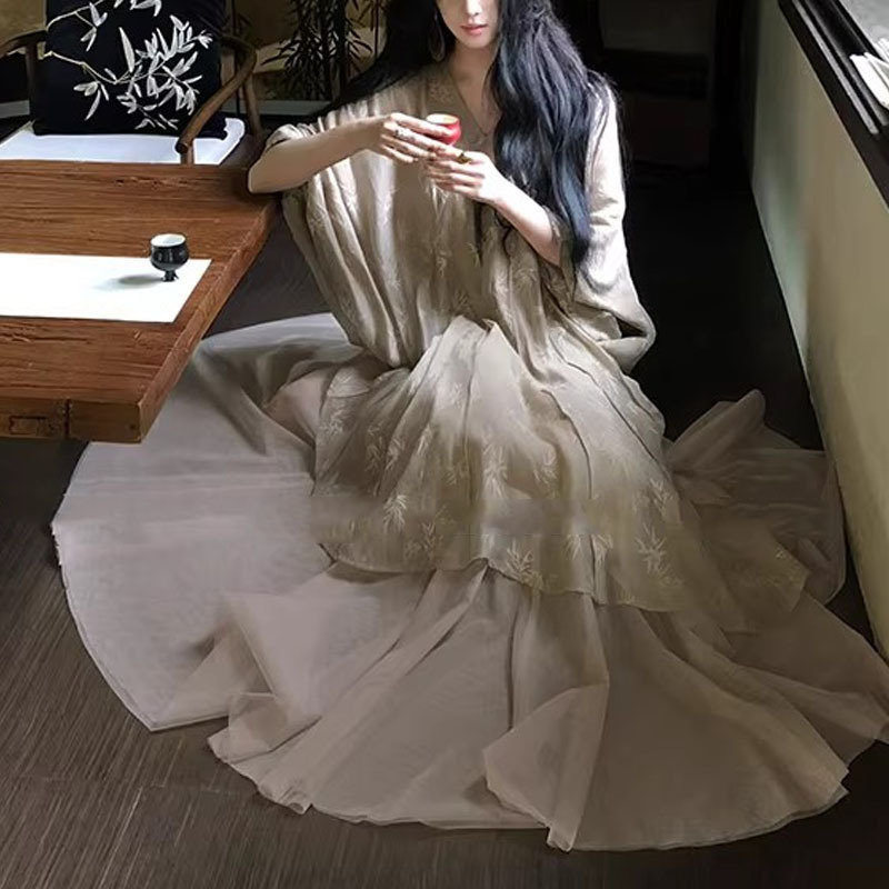 新中式国风复古竹间清影拼接不撞款薄纱连衣裙女春秋禅意风碎花裙