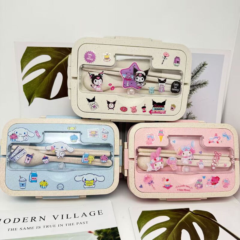 Foreign Trade Wheat Straw Lunch Box, Microwaveable Compartmented Lunch Box, Student Satchel Lunch Box with DIY Stickers + Tableware
