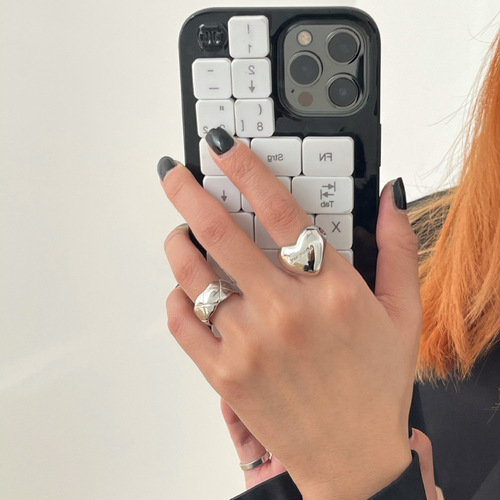 Korean Version S925 Silver 3D Heart Ring for Women Vintage Fashion Personality Alphabet Open Finger Ring Hip-Hop Index Finger Ring Trendy