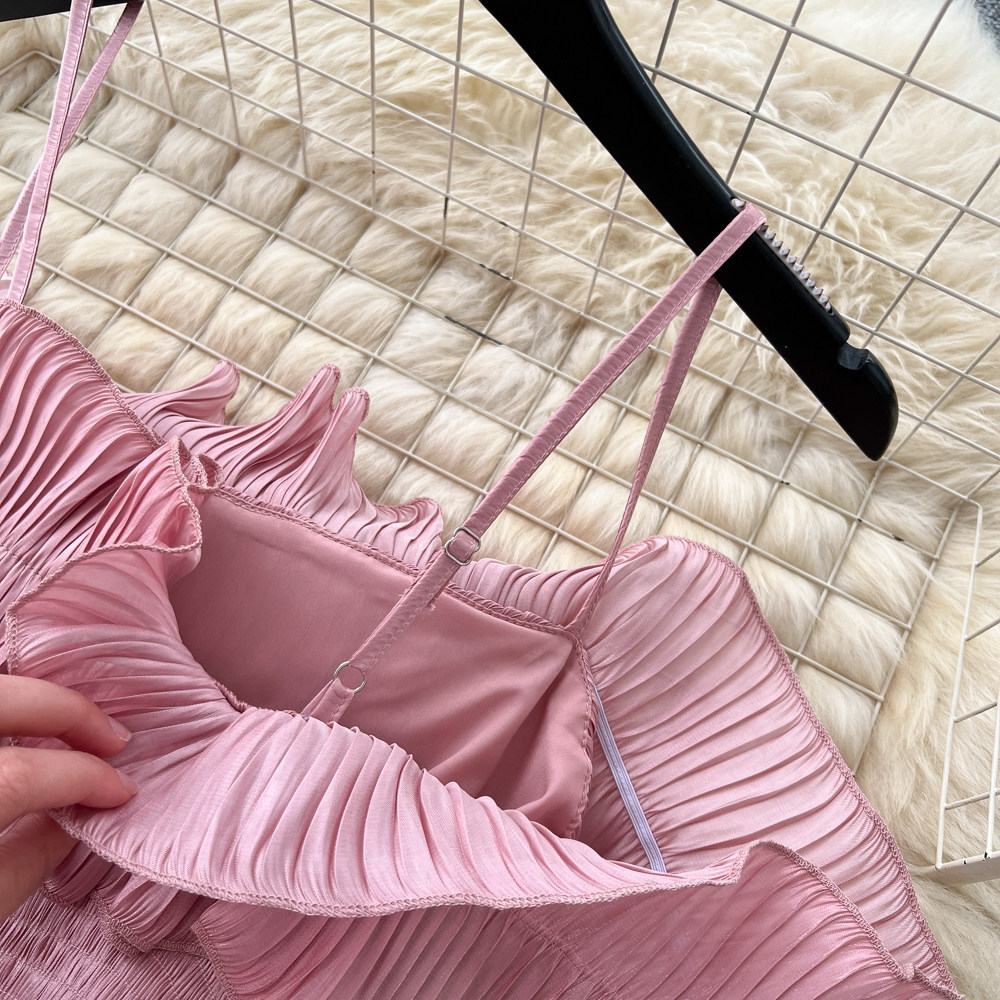 French Style Off-Shoulder Spaghetti Strap Dress Korean Waist Cinching Summer Elegant Long Dress for Vacation_ecoleips.com