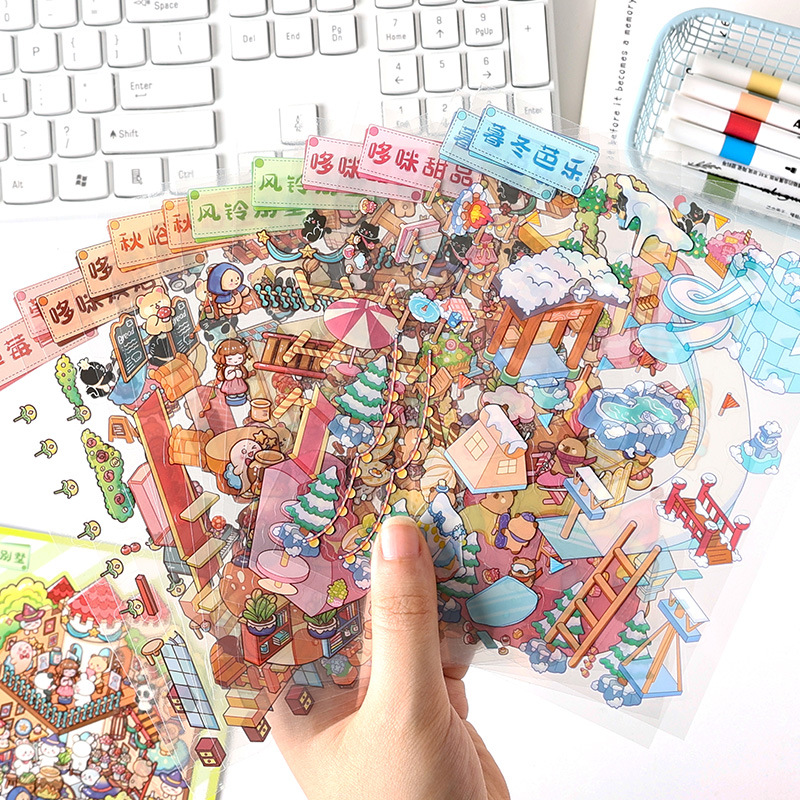 Pegatinas de paisajismo en 3D de Yuezhen, película de corte de dibujos animados de vacaciones felices, descompresión de pegatinas de paisajismo de rompecabezas de bricolaje para niños