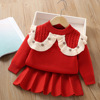 Sweater, demi-season set, knitted children's false collar girl's, Korean style, western style, flowered