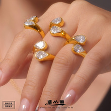 谜丽饰品3A锆石双水滴钛钢开口戒指PVD电镀18k真金保色现货批发女