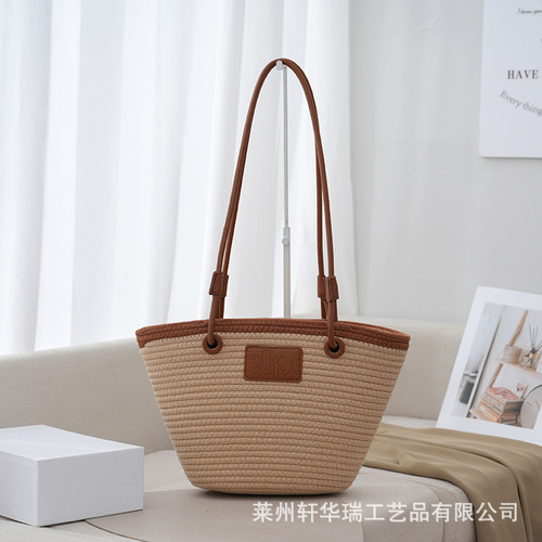 New minimalist woven tote bag, classic grass-woven bag, retro-style vacation leisure beach bag, summer shoulder bag