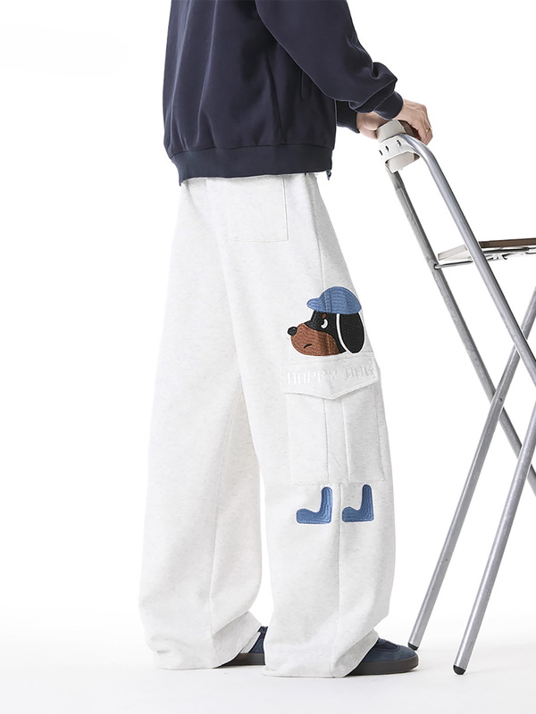 American-Style Embroidered Puppy White Floral Gray Sweatpants Men's Autumn and Winter Couple's down Vest Casual Pants Straight Loose Wide-Leg Pants