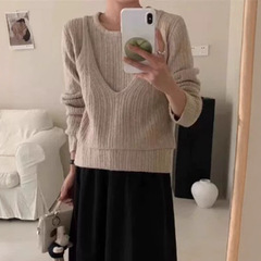 韩系氛围感气质假两件针织衫上衣女2025秋冬新款宽松软糯毛衣套头