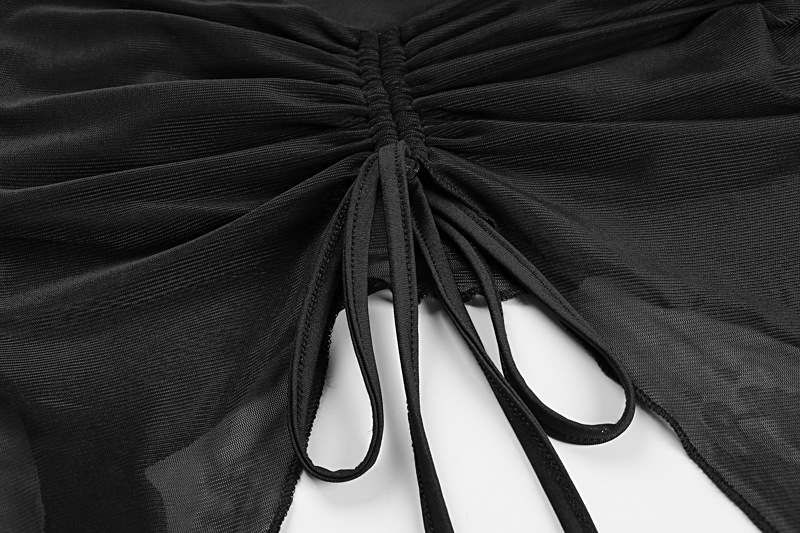 Women Autumn Winter Sexy Cropped Mesh Lace up Drawstring Short Long Sleeve Backless Top