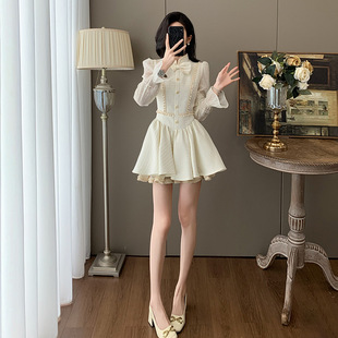 小香風設計感蝴蝶結蕾絲收腰長袖女裝秋冬新款立領蓬蓬裙連衣裙潮