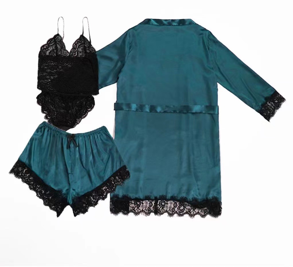 GraceChic GraceChic Nuovo pigiama estivo da donna in raso e pizzo, stile europeo americano, 4 pezzi, con vestaglia e camicia da notte all'ingrosso_voghion.com