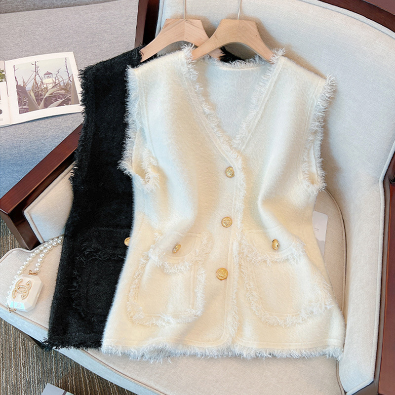 Plus-Size Women's New Spring and Autumn Chanel-Style Sleeveless Sweater Vest Jacket for Curvy Figures, Tummy-Concealing and Slimming