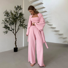 跨境长袖开衫休闲针织抹胸三件套女式睡衣家居服2025秋季新品舒适