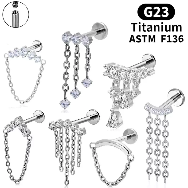 ASTM F136钛穿刺耳钉跨境嘻哈个性链条耳骨钉 F136钛合金唇钉唇环