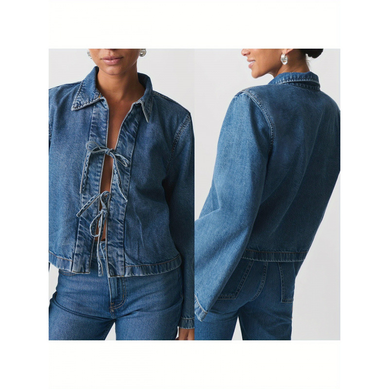 2026新款跨境代发女装牛仔夹克领口系带牛仔外套跨境代发|ms