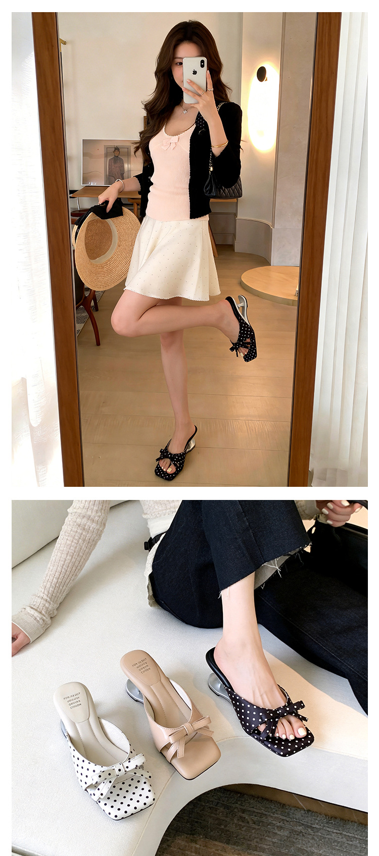 Sandal cao gót nữ mũi vuông hở ngón, đế xuồng chấm bi nơ bướm, gót 6 cm — màu đen, màu trắng ngà, màu mơ chi tiết 17
