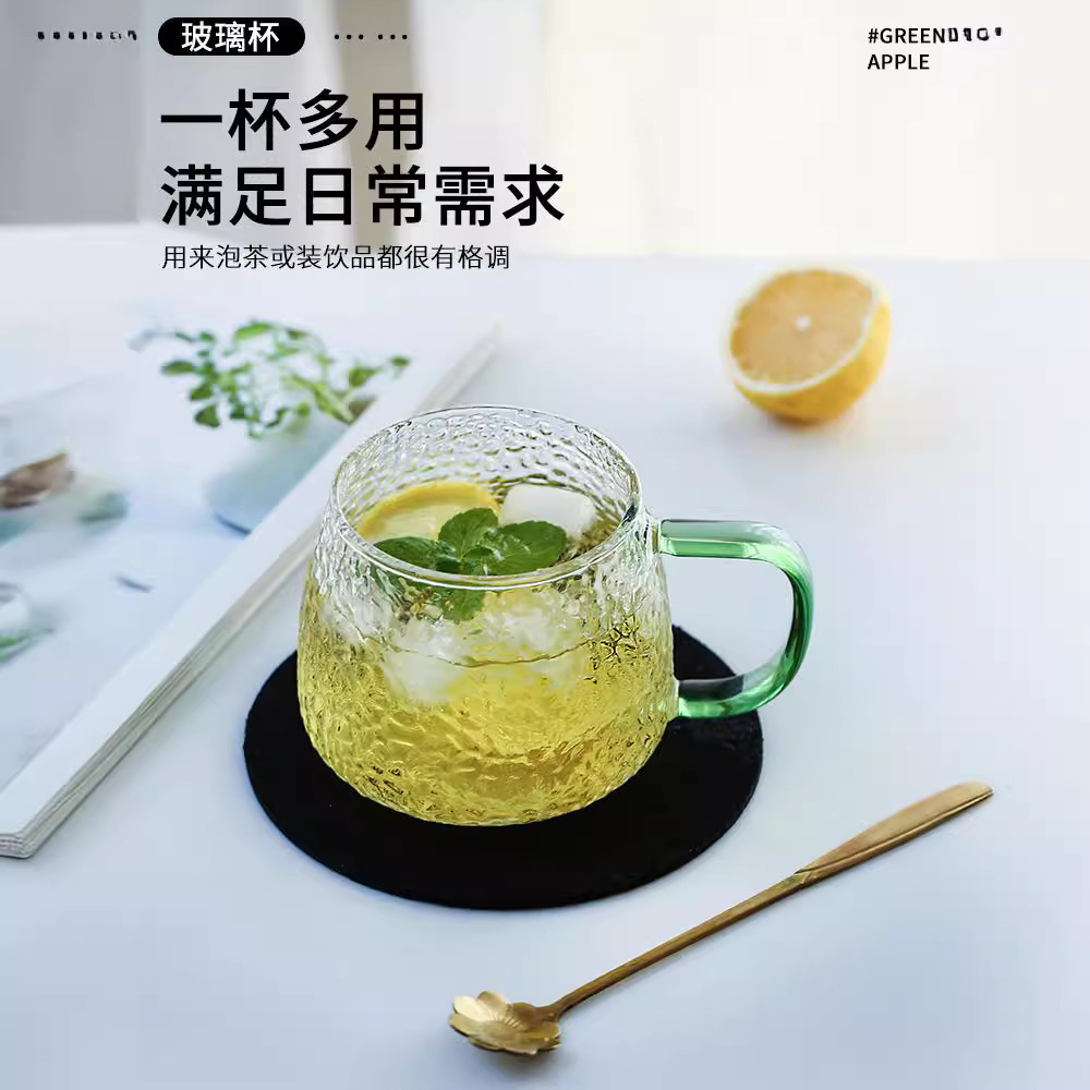Manzana verde simple ins viento relieve taza de vidrio martillo taza de agua resistente al calor casera de agua potable mango simple taza