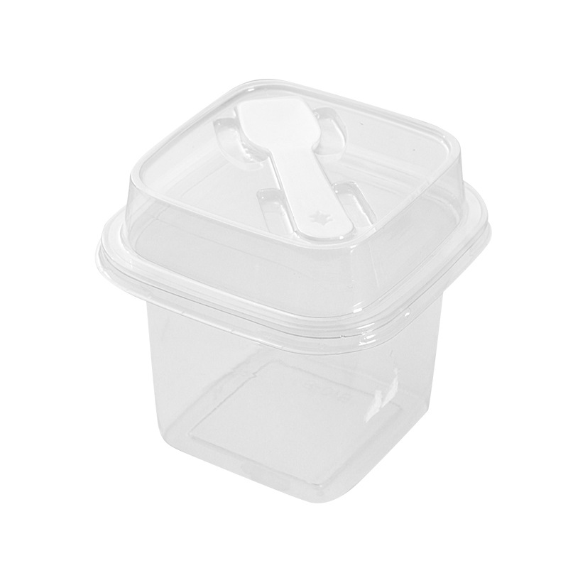 Square Mousse Cake Box with Built-In Spoon, Round Wood Bran Cup, Thousand-Layer Fruit Yogurt Ice Cream Box