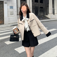 ショート丈のグレーのジャケット、女性用、秋冬、レトロ、高級感、個性的なデザイン、長袖トップス、通勤用