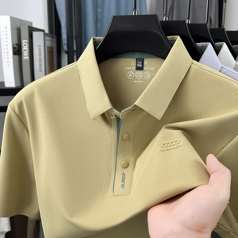Ice Silk Seamless Men's Short-Sleeved Polo Shirt for Men, New Summer Style, High-End Comfortable Elastic Half-Sleeved T-Shirt for Men