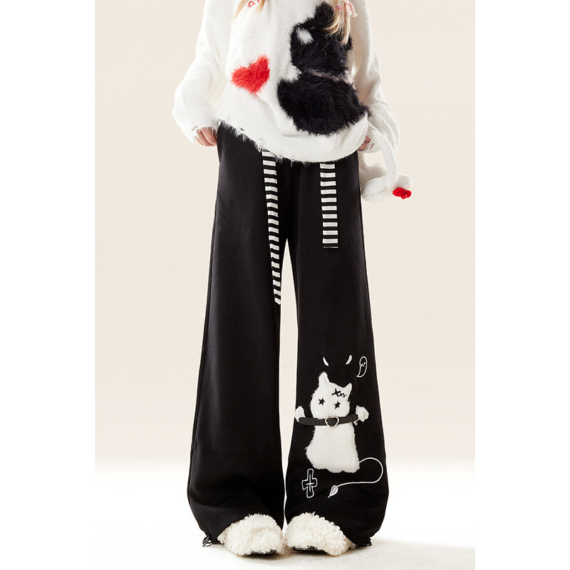 Natural Black Casual Sweatpants for Women Spring, Autumn and Winter New Kitten Embroidered Straight Loose Wide-Leg Sports Pants