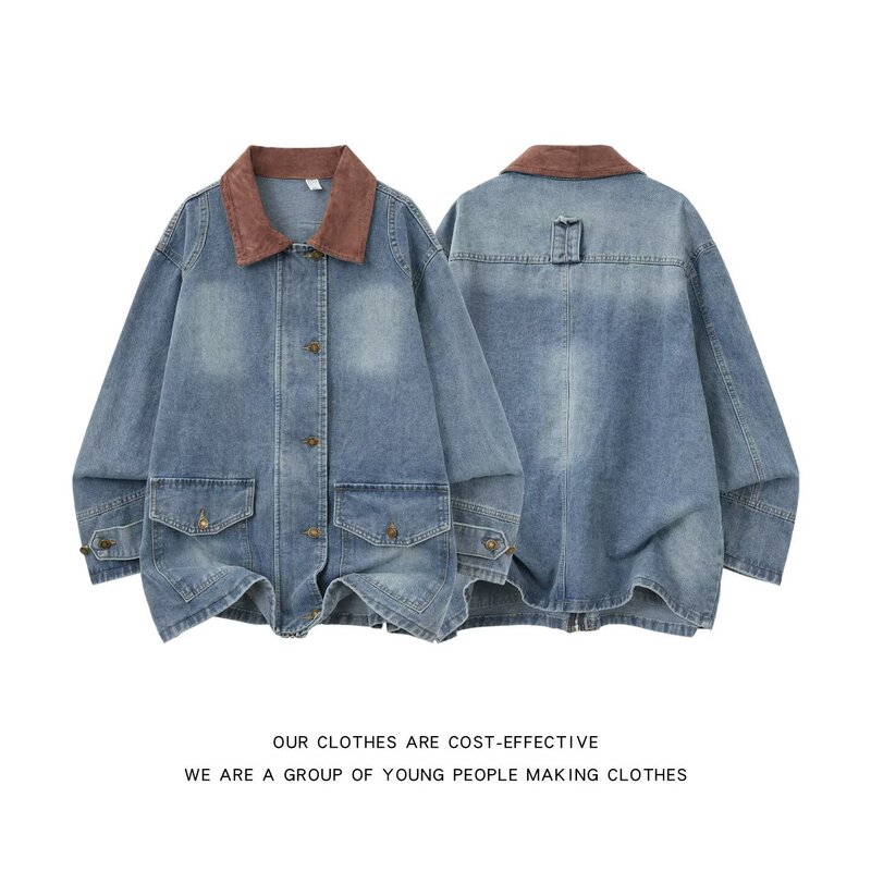 French Retro Washed Distressed Denim Jacket for Men 2025 Autum Loose Contrasting Color Splicing Short Jacket Trendy