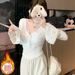 秋冬季小个子纯欲风蕾丝内搭加绒显瘦收腰打底衫长袖V领蕾丝上衣