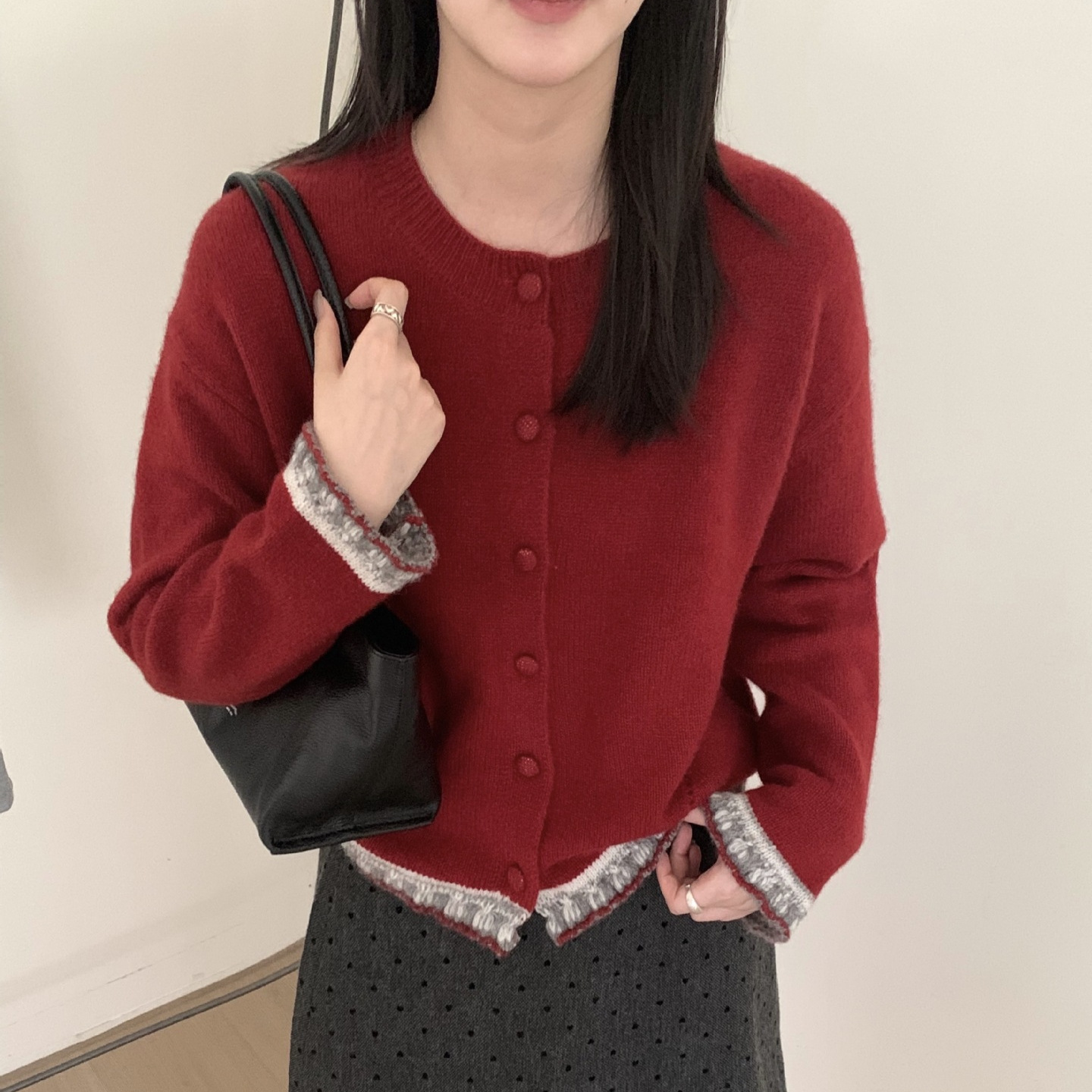 25秋冬新款女装羊毛衫韩系圆领复古感提花羊毛贝熊绒针织开衫毛衣