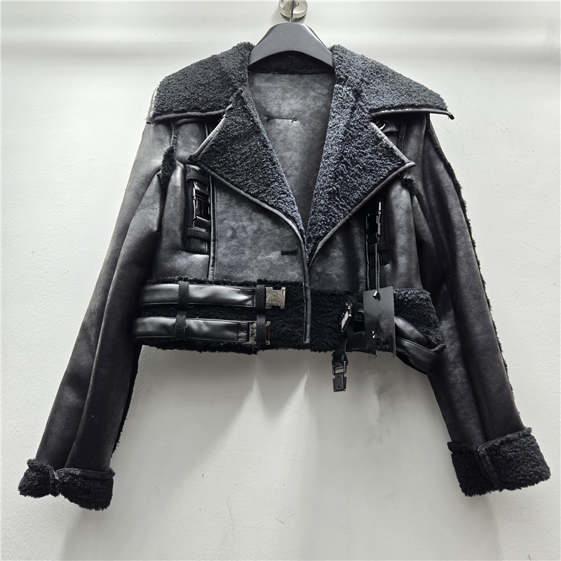 Retro americano de cuello grande abrazado abrigo de piel de invierno de mujer nuevo tipo de lana de cordero gruesa trajes de locomotora image 1