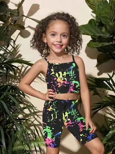 International Foreign Trade INS Girl's Fashion Tie-Dye Full Print Print Set Outdoor Sports Tank Top Suitable for 1-8 Years Old Trendy Style