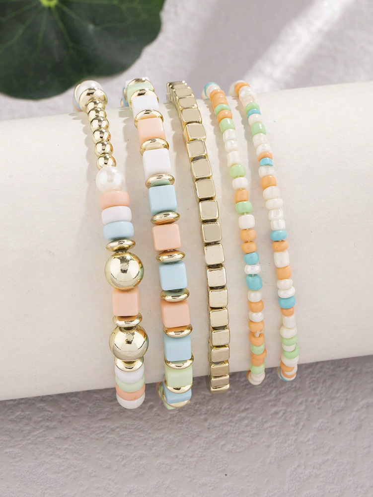 20g Weight Acrylic Pendant Material Bracelets Classification Alloy Chain Material 1 Set Quantity Holiday, Daily, Street Occasion Alloy Material Geometric Pattern Unisex Gender Beaded, Plating Design Retro Style Retro Geometric Alloy Beaded Bracelets Wholesale 8