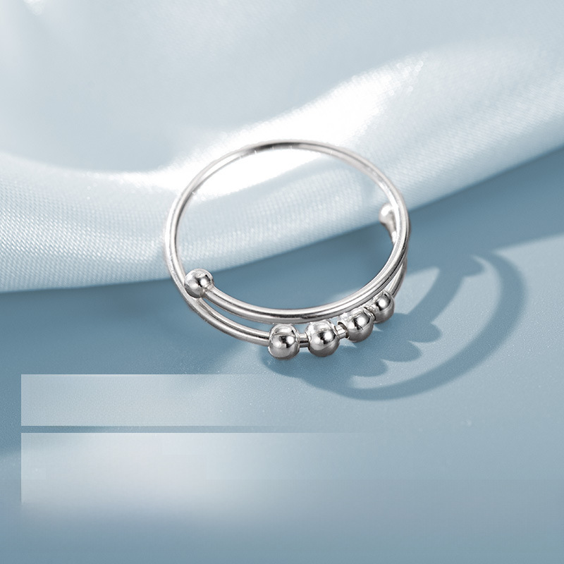 Grenzüberschreitender S925 Silber Doppelschicht Drehbarer Perlenring Anti-Angst Dekompressions-Zeigefingerring für Damen Kalter Wind_voghion.com