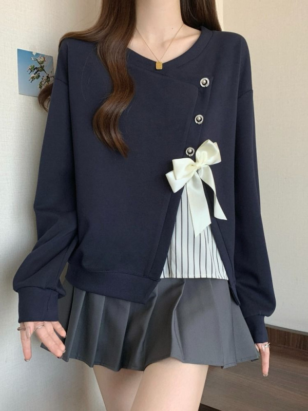 设计感假两件长袖卫衣女2025春秋季蝴蝶结宽松别致超好看上衣|undefined
