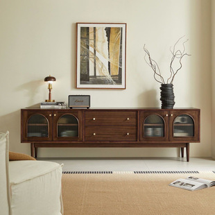 American Style Simple Nordic Style Small Apartment Solid Wood TV Cabinet Vintage Glass Storage Cabinet Living Room Furniture Storage Cabinet Ancient