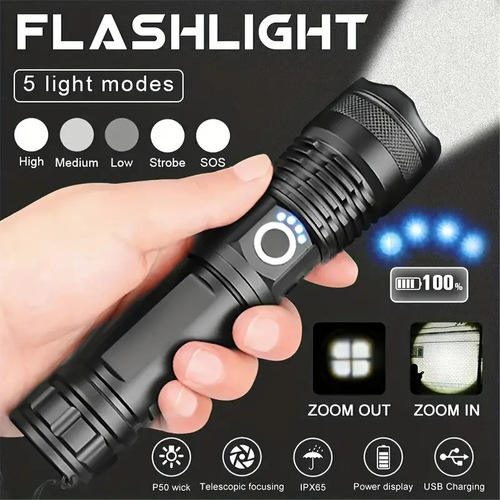 Factory wholesale cross-border P50 strong light flashlight aluminum alloy outdoor fishing light rechargeable zoom USB flashlight